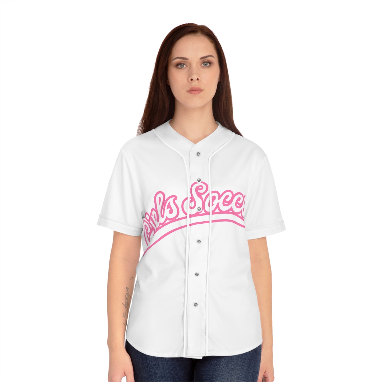 GirlsSoccer Varsity Baseball Jersey (White/Pink Text)