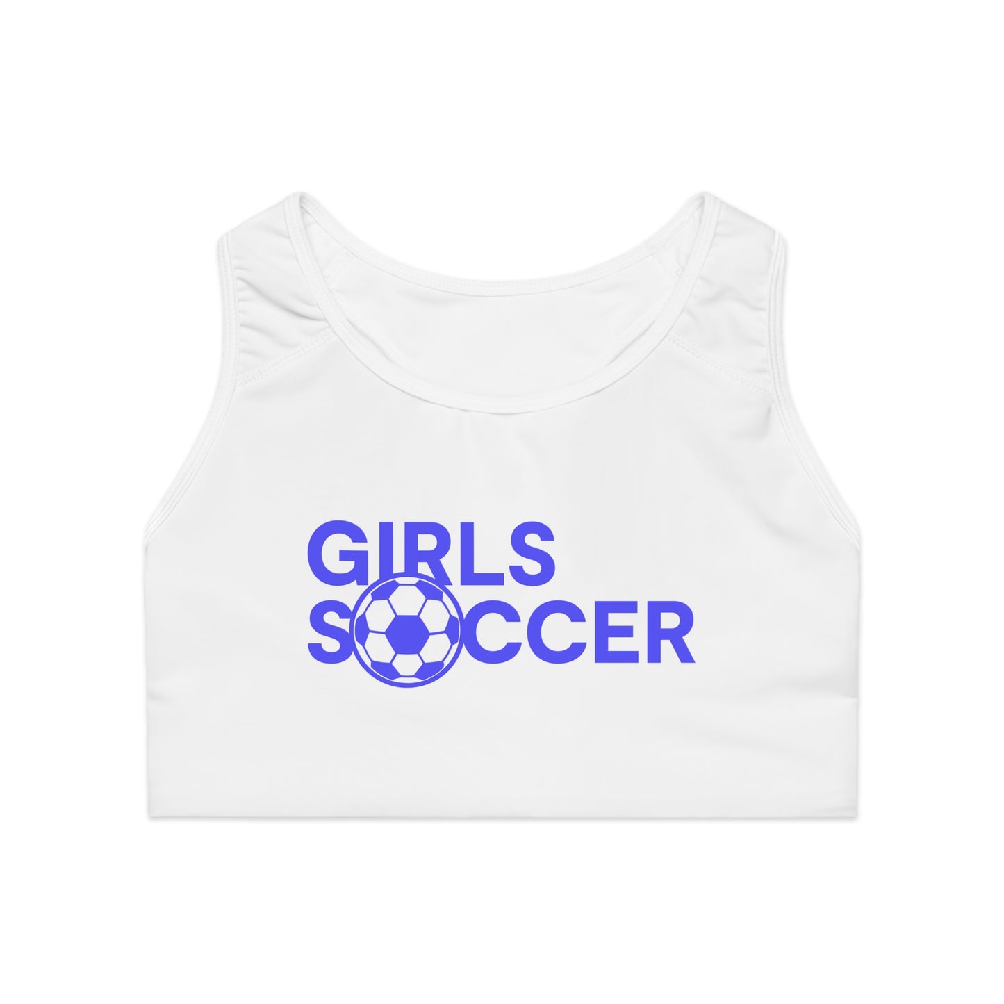 GirlsSoccer Sports Bra (White/Blue Text)
