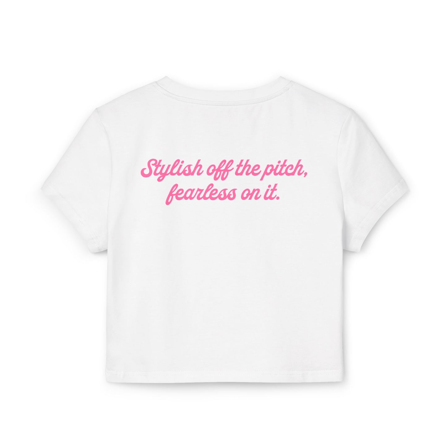 Backtalk Varsity Crop - Stylish off the pitch, fearless on it (White/Pink Text)