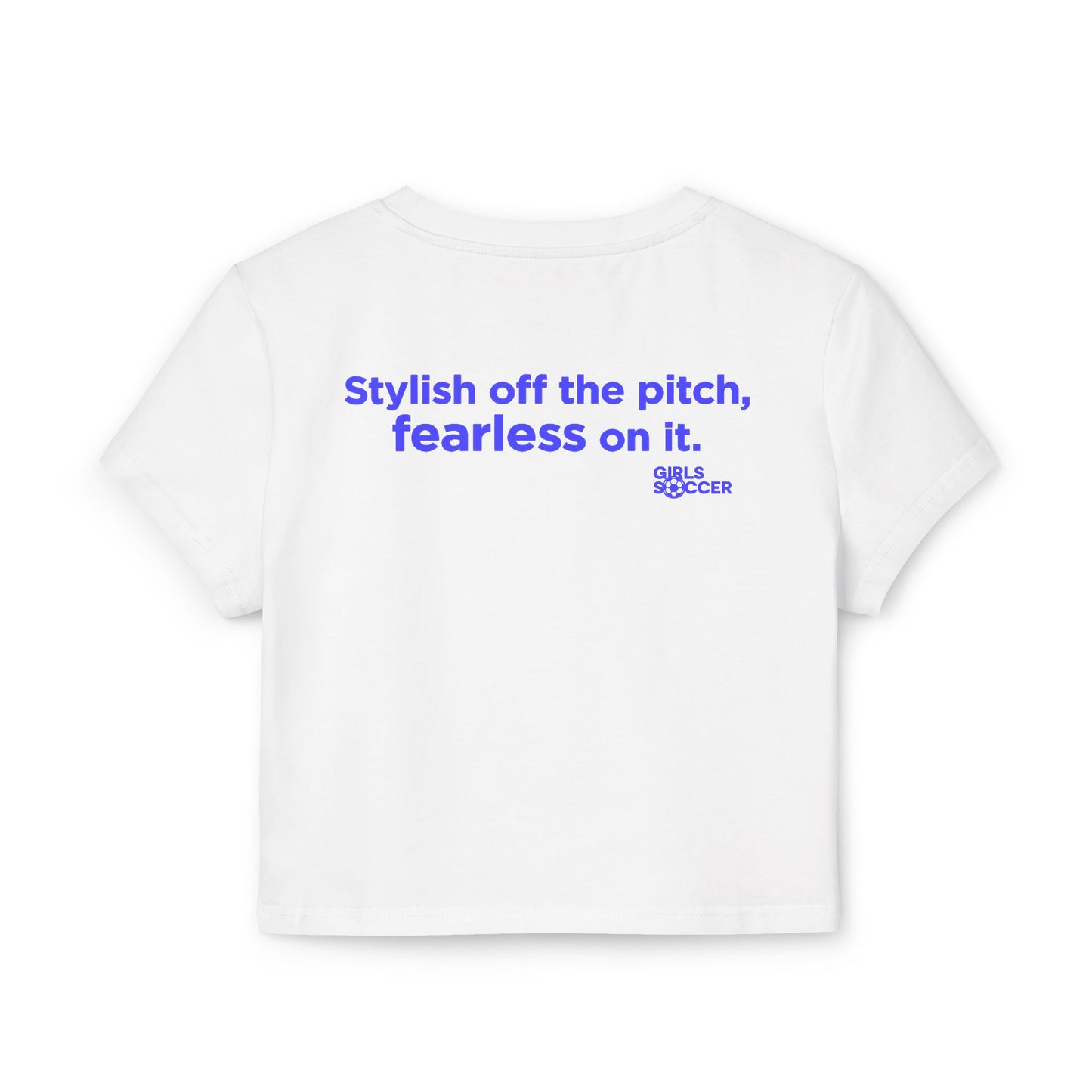 Backtalk Crop - Stylish off the pitch, fearless on it (White/Blue Text)