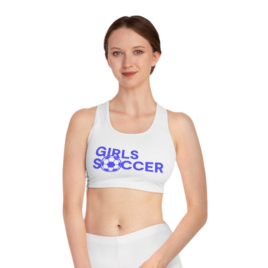 GirlsSoccer Sports Bra (White/Blue Text)