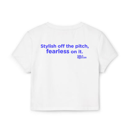 Backtalk Crop - Stylish off the pitch, fearless on it (White/Blue Text)